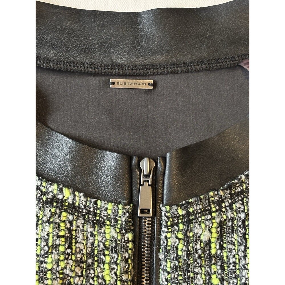 Elie Tahari Mila Sheath Dress Women's 6 Leather Green Tweed Zip Front Career